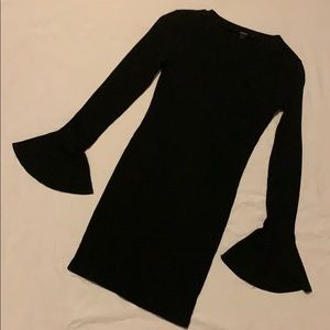 Black Flared Sleeve Ribbed Bodycon Dress